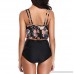Alangbudu Women's Back Double Shoulder Strap Ruffled Flounce Crop Bikini Top with Print High Waisted Ruched Bottom Black B07NPPGW7K
